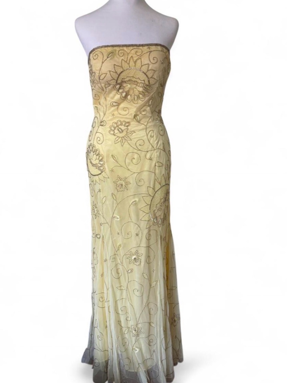 Strapless Yellow Embroidered Evening Gown